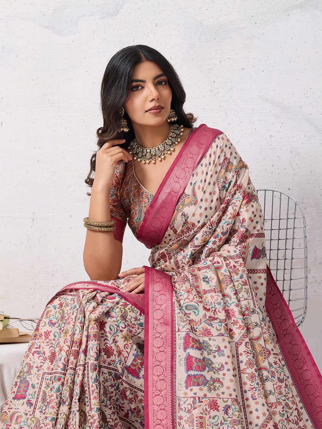 Tussar Silk Digital Kalamkari Print Saree With Jacquard Border