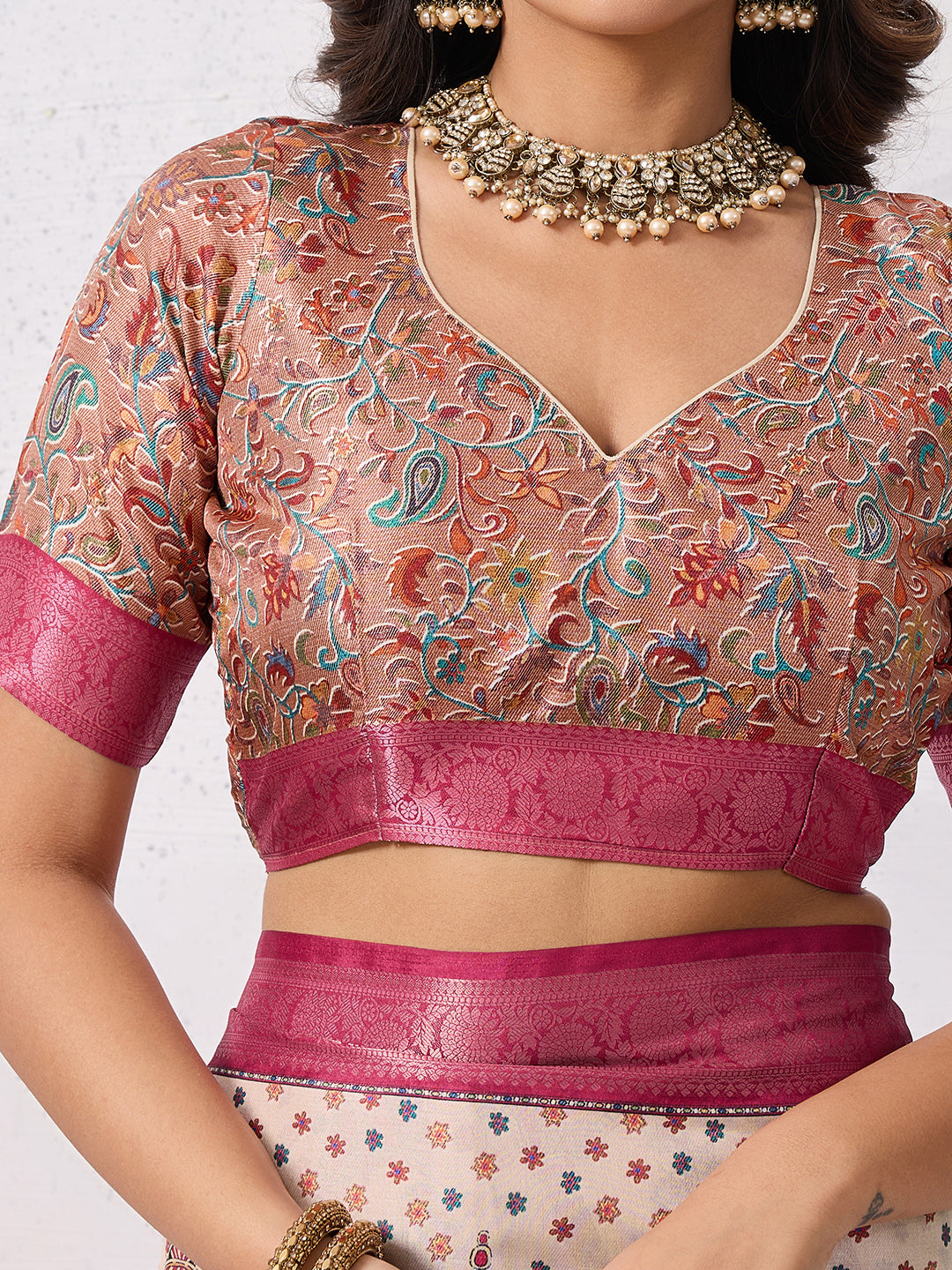 Tussar Silk Digital Kalamkari Print Saree With Jacquard Border