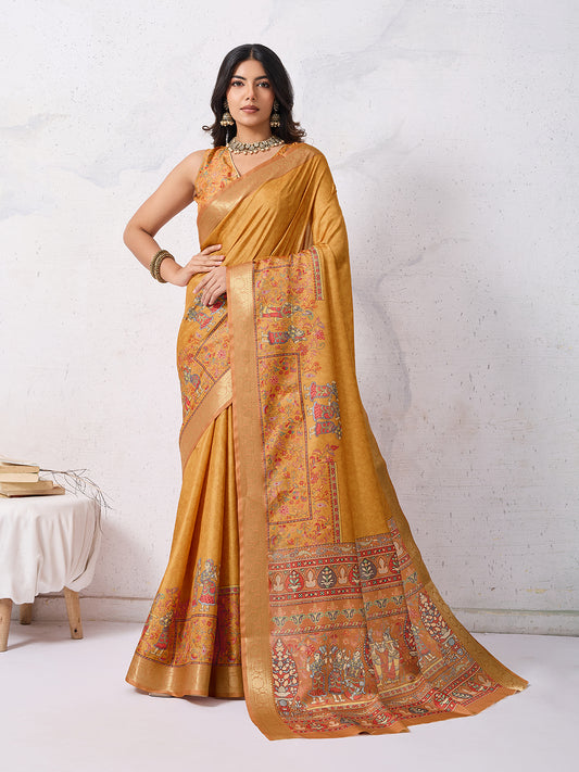 Tussar Silk Digital Kalamkari Print Saree With Jacquard Border