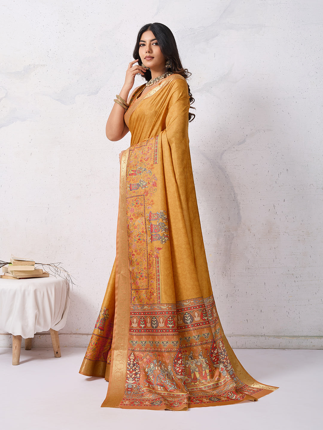 Tussar Silk Digital Kalamkari Print Saree With Jacquard Border