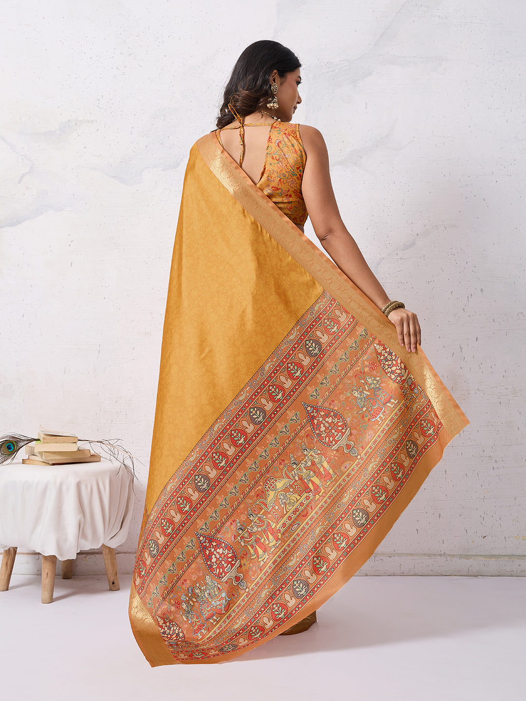 Tussar Silk Digital Kalamkari Print Saree With Jacquard Border