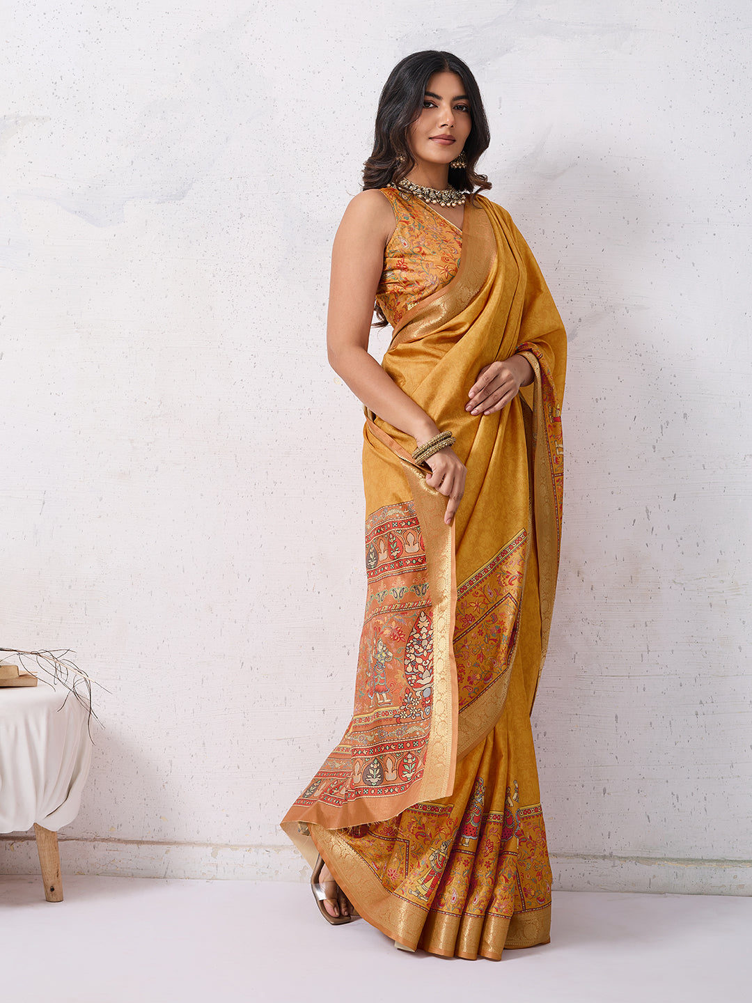 Tussar Silk Digital Kalamkari Print Saree With Jacquard Border