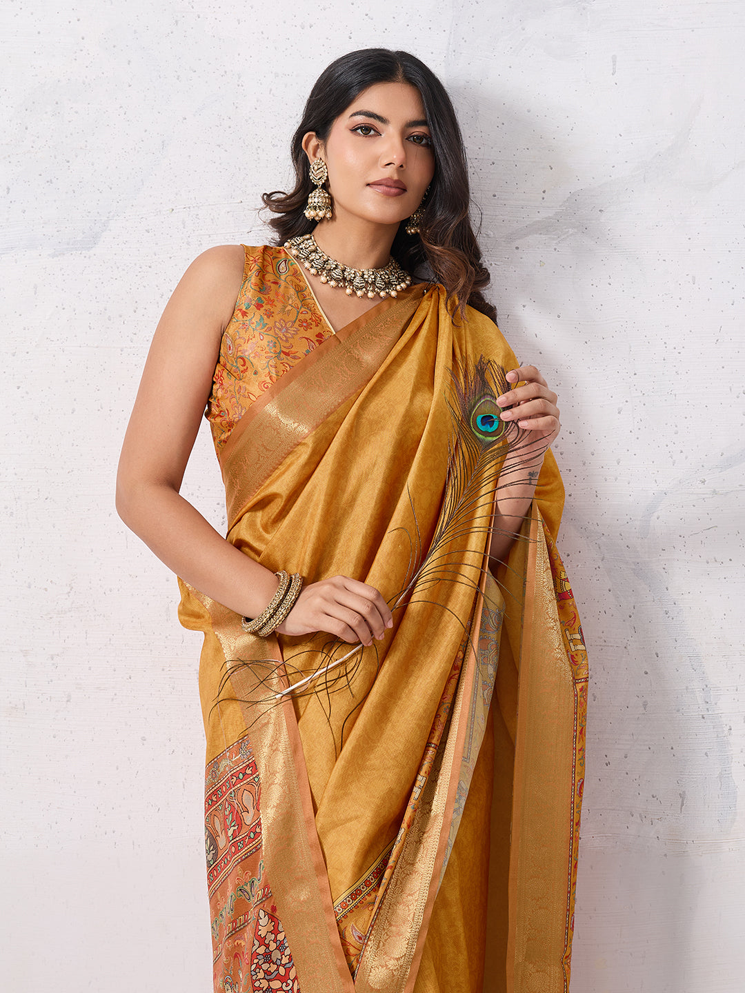Tussar Silk Digital Kalamkari Print Saree With Jacquard Border