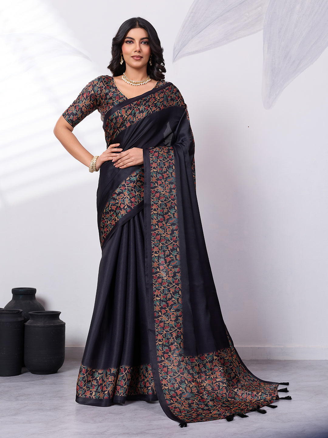 Sattin Tussar Silk Digital Printed Saree With Tassels