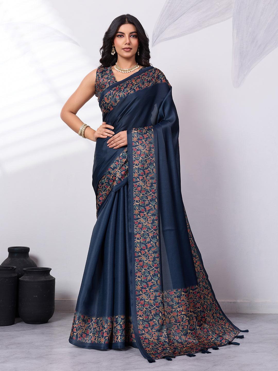 Sattin Tussar Silk Digital Printed Saree With Tassels