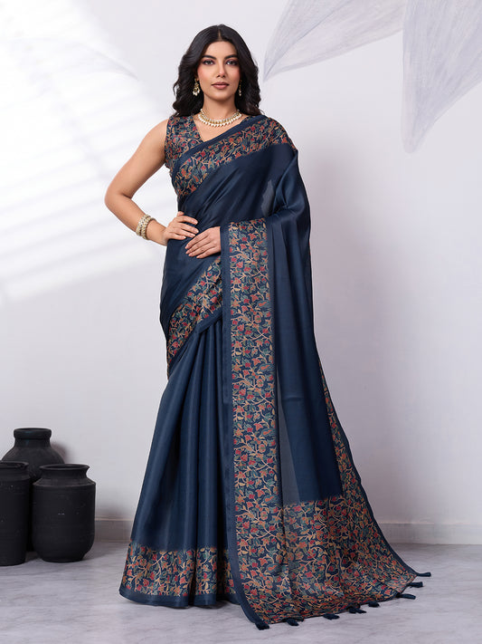 Sattin Tussar Silk Digital Printed Saree With Tassels