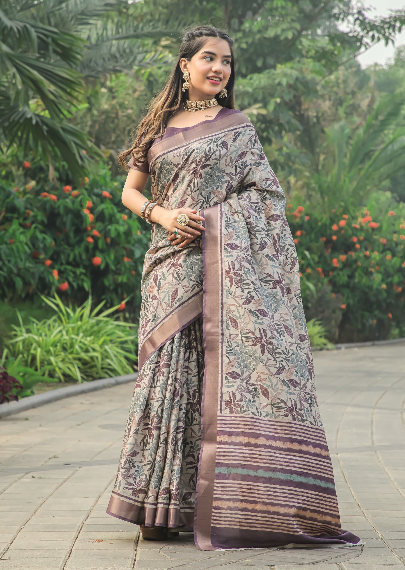 Wine Floral Print Tussar Silk Saree With Jari Border
