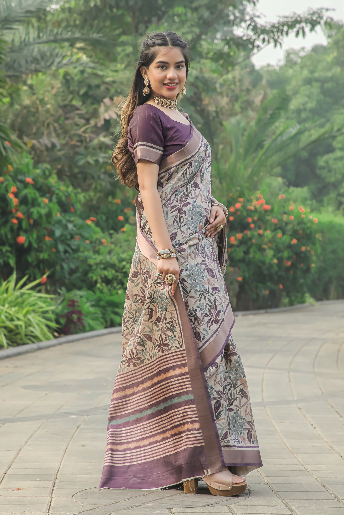 Wine Floral Print Tussar Silk Saree With Jari Border