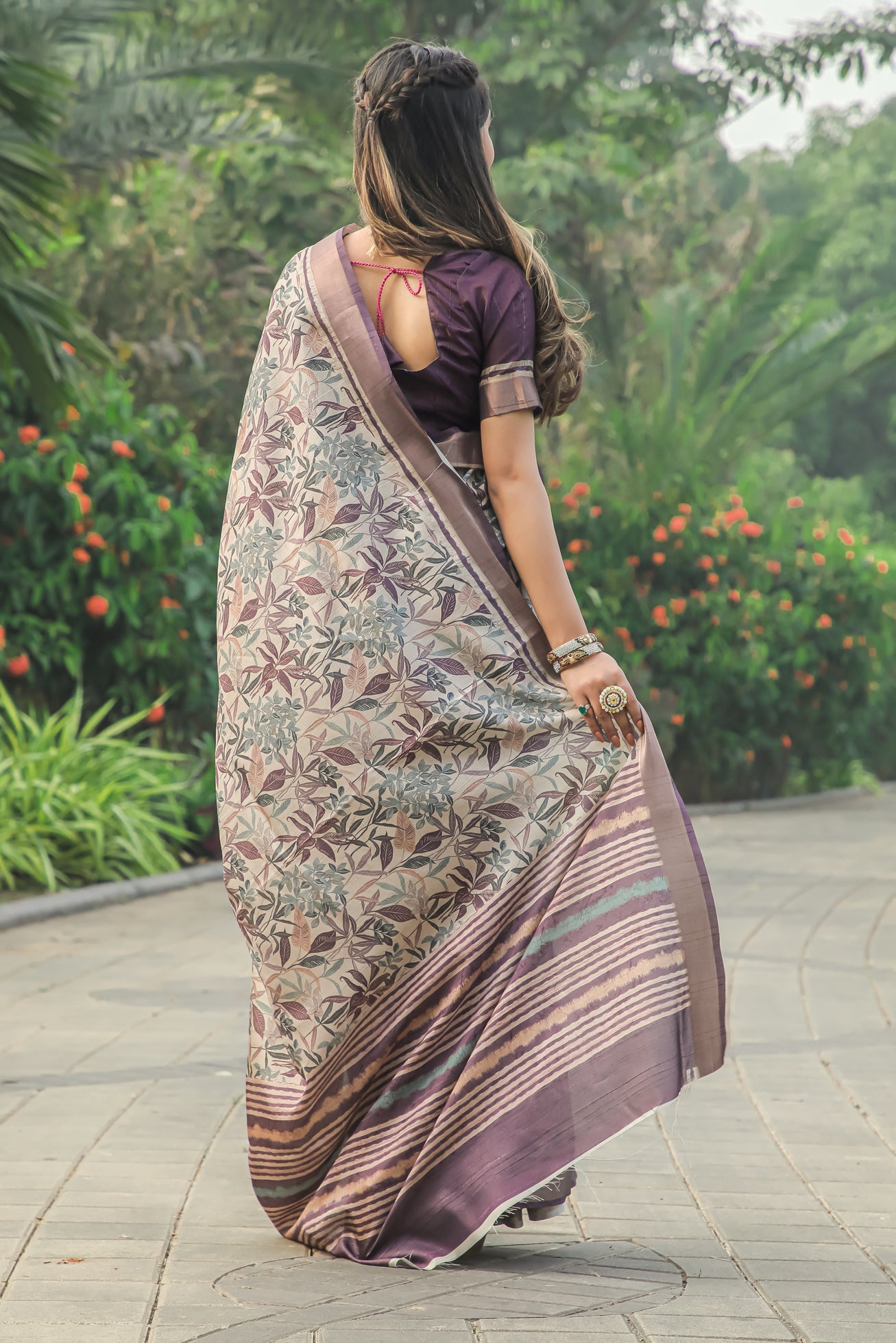 Wine Floral Print Tussar Silk Saree With Jari Border