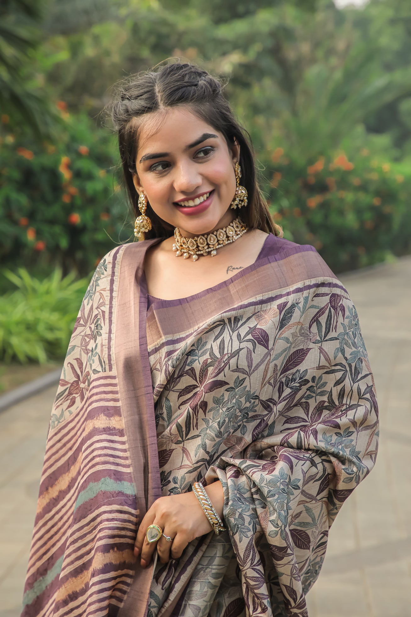 Wine Floral Print Tussar Silk Saree With Jari Border