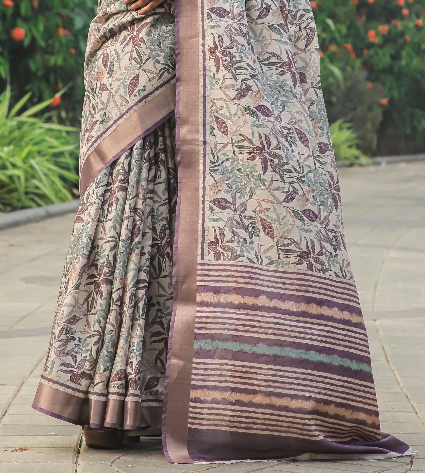 Wine Floral Print Tussar Silk Saree With Jari Border