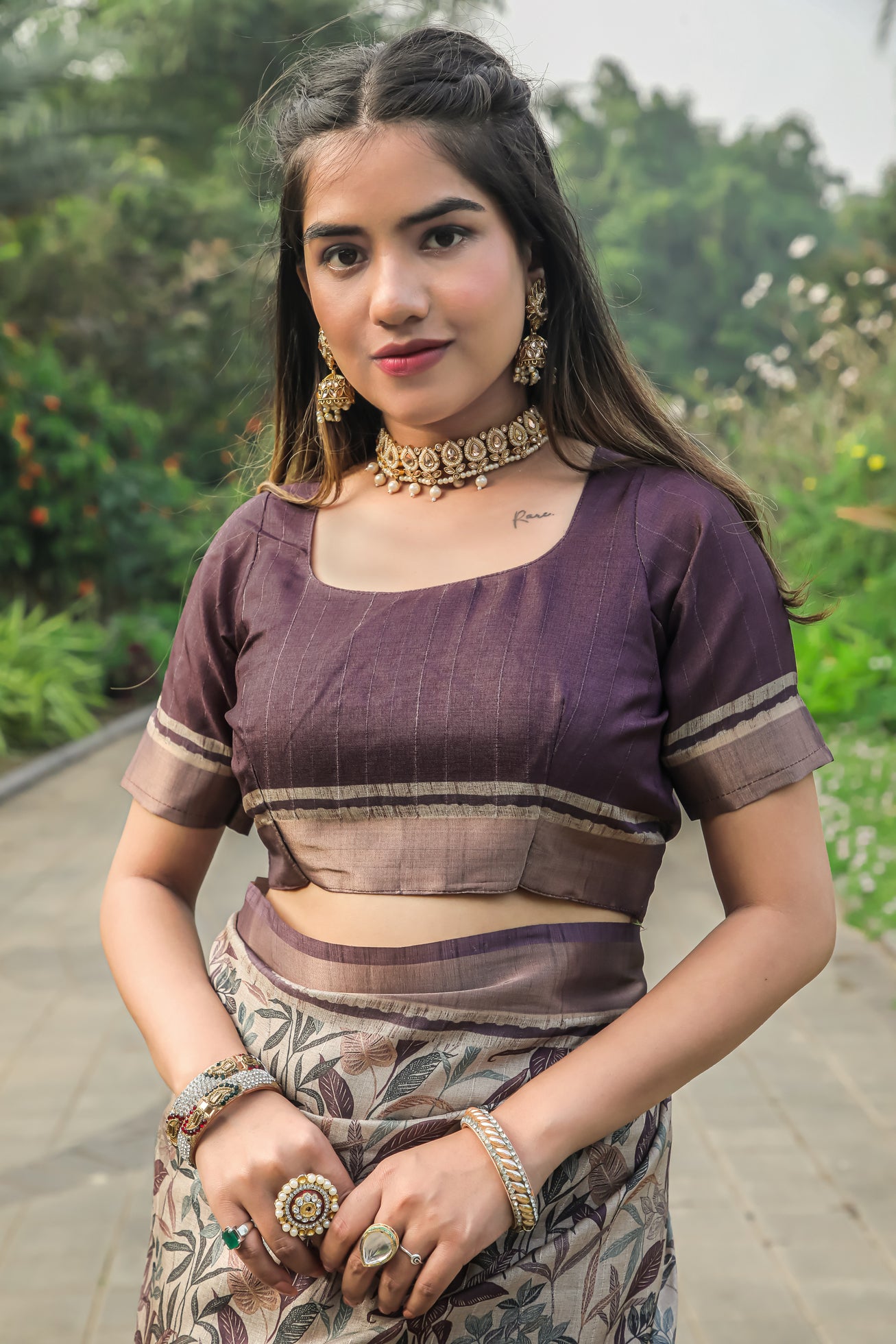 Wine Floral Print Tussar Silk Saree With Jari Border