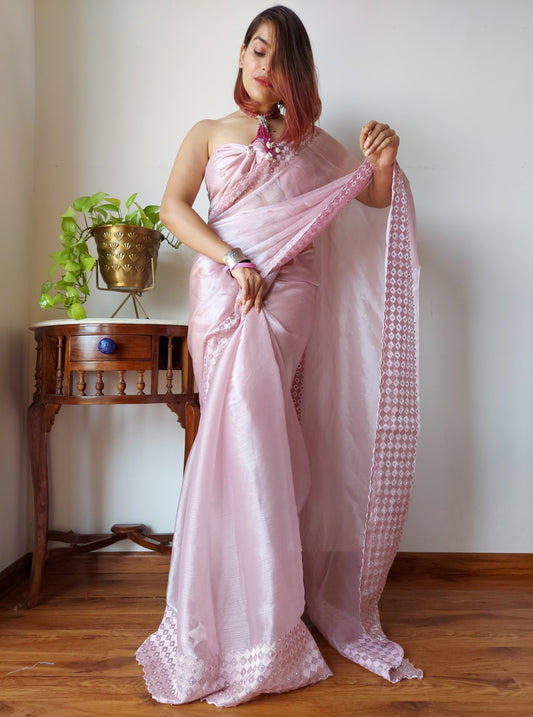 Baby Pink Color Beautiful Organza Designer Saree
