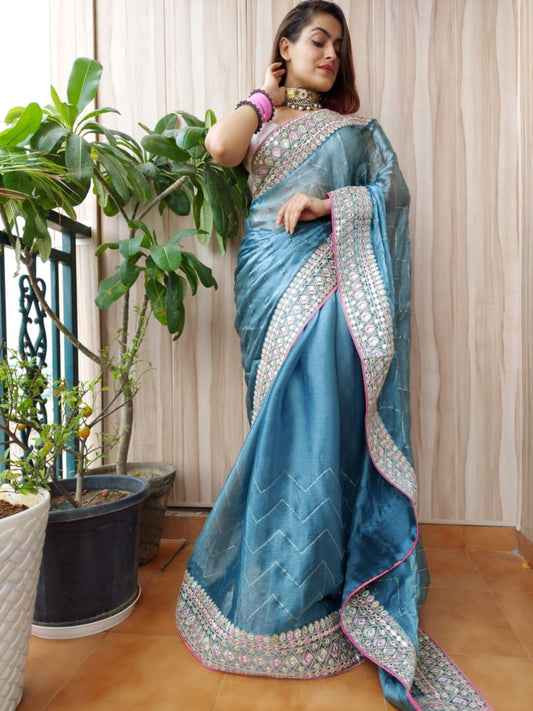 Stunning Powder Blue Burberry Silk Saree With Embroidery Work
