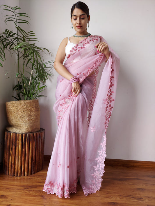 Stunning Pink Crystal Organza Silk Saree With Work