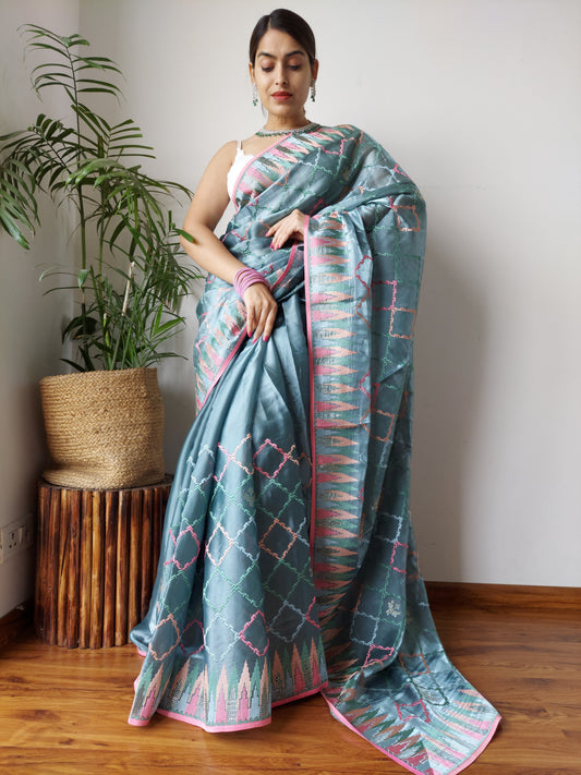 Stunning Powder Blue Jimmy Chu Silk Saree With Embroidery Work