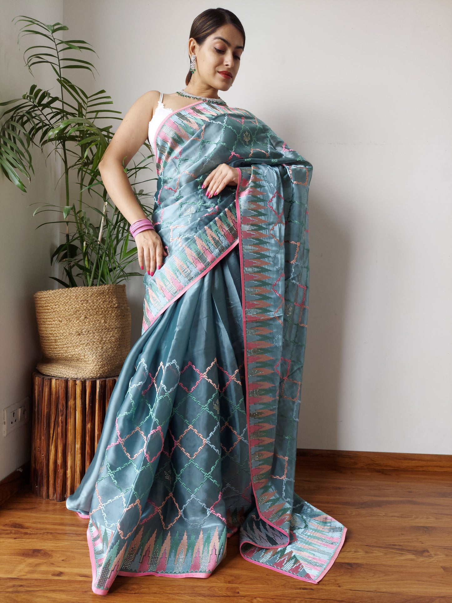 Stunning Powder Blue Jimmy Chu Silk Saree With Embroidery Work