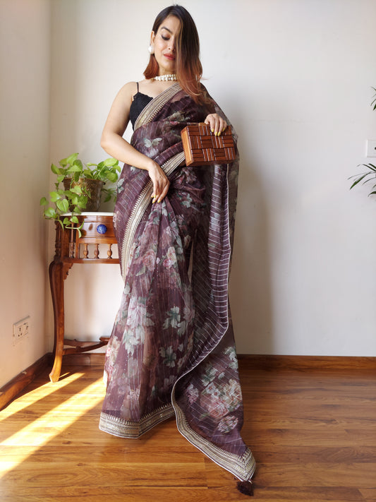 Stunning Brown Organza Digital Print Saree With Coding Border