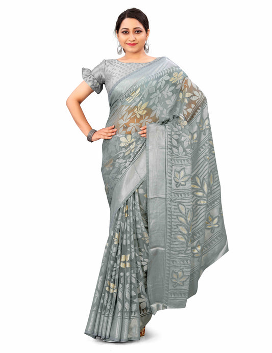 Beautiful Falak Grey Brasso Saree With Gold Zari Prints