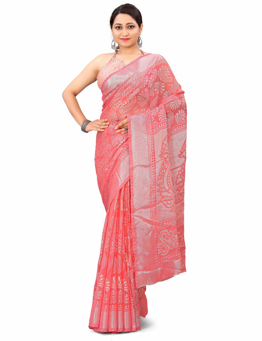 Beautiful Pink Brasso Saree With Ethnic Motif & Gold Zari Prints