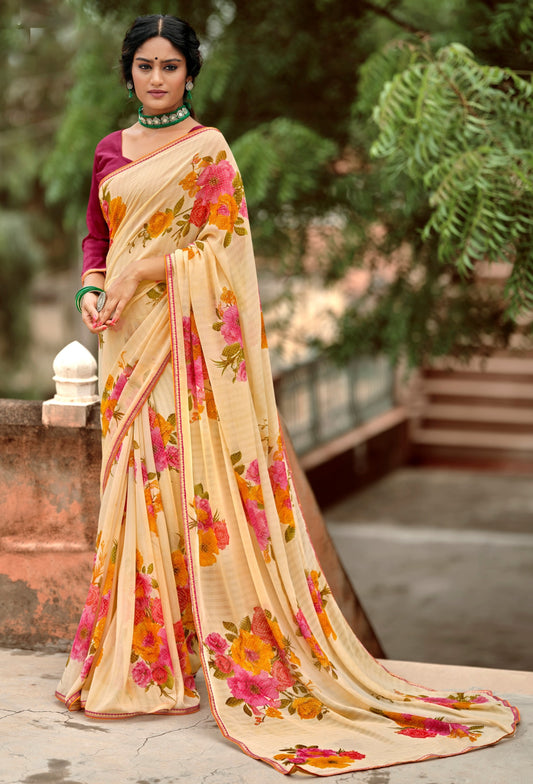 Beautiful Beige Georgette Self Design Foil Printed Saree