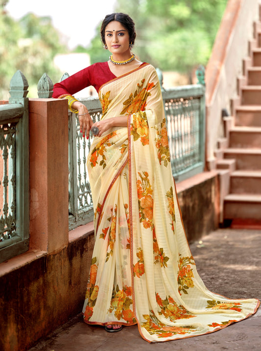 Beautiful Naina Cream Georgette Self Design & Foil Printed Saree