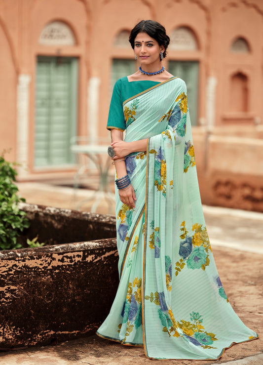 Beautiful Naina Firozi Georgette Self Design & Foil Printed Saree