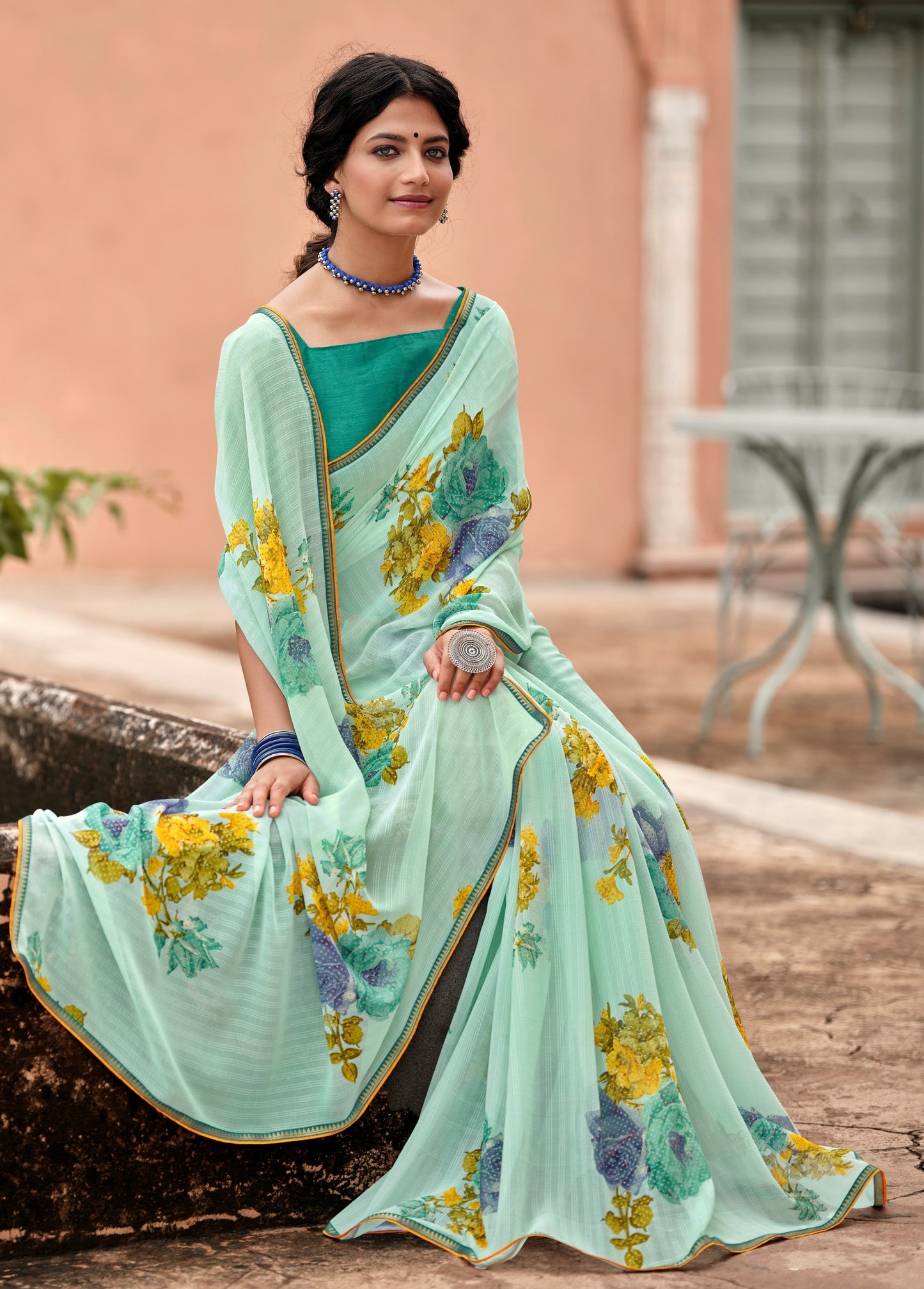 Beautiful Naina Firozi Georgette Self Design & Foil Printed Saree