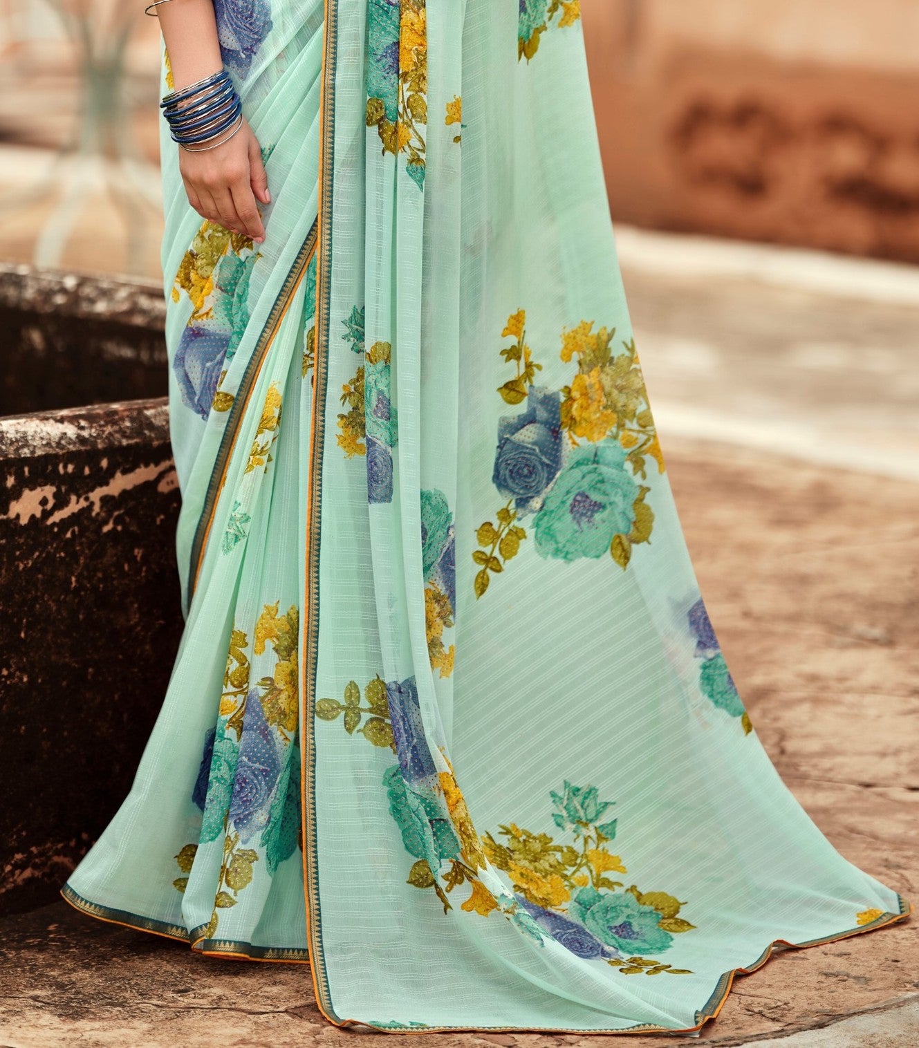 Beautiful Naina Firozi Georgette Self Design & Foil Printed Saree