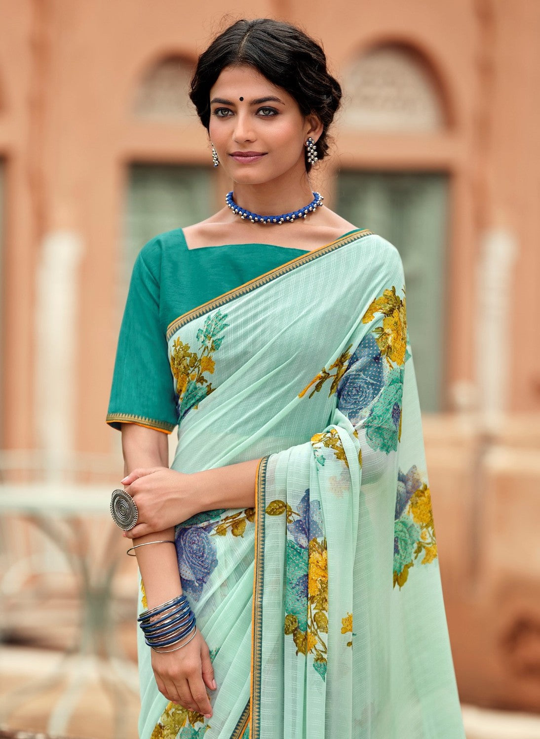 Beautiful Naina Firozi Georgette Self Design & Foil Printed Saree