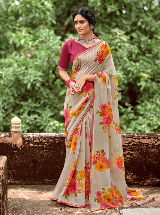 Beautiful Naina Grey Georgette Self Design & Foil Printed Saree