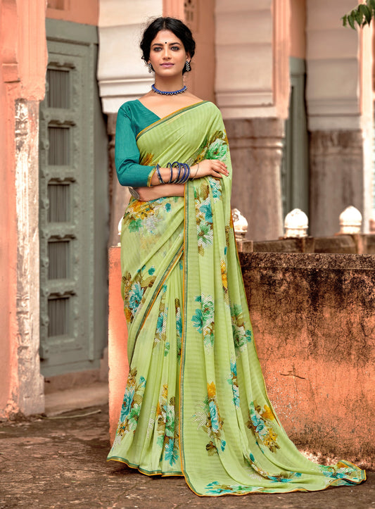 Beautiful Naina Green Georgette Self Design & Foil Printed Saree