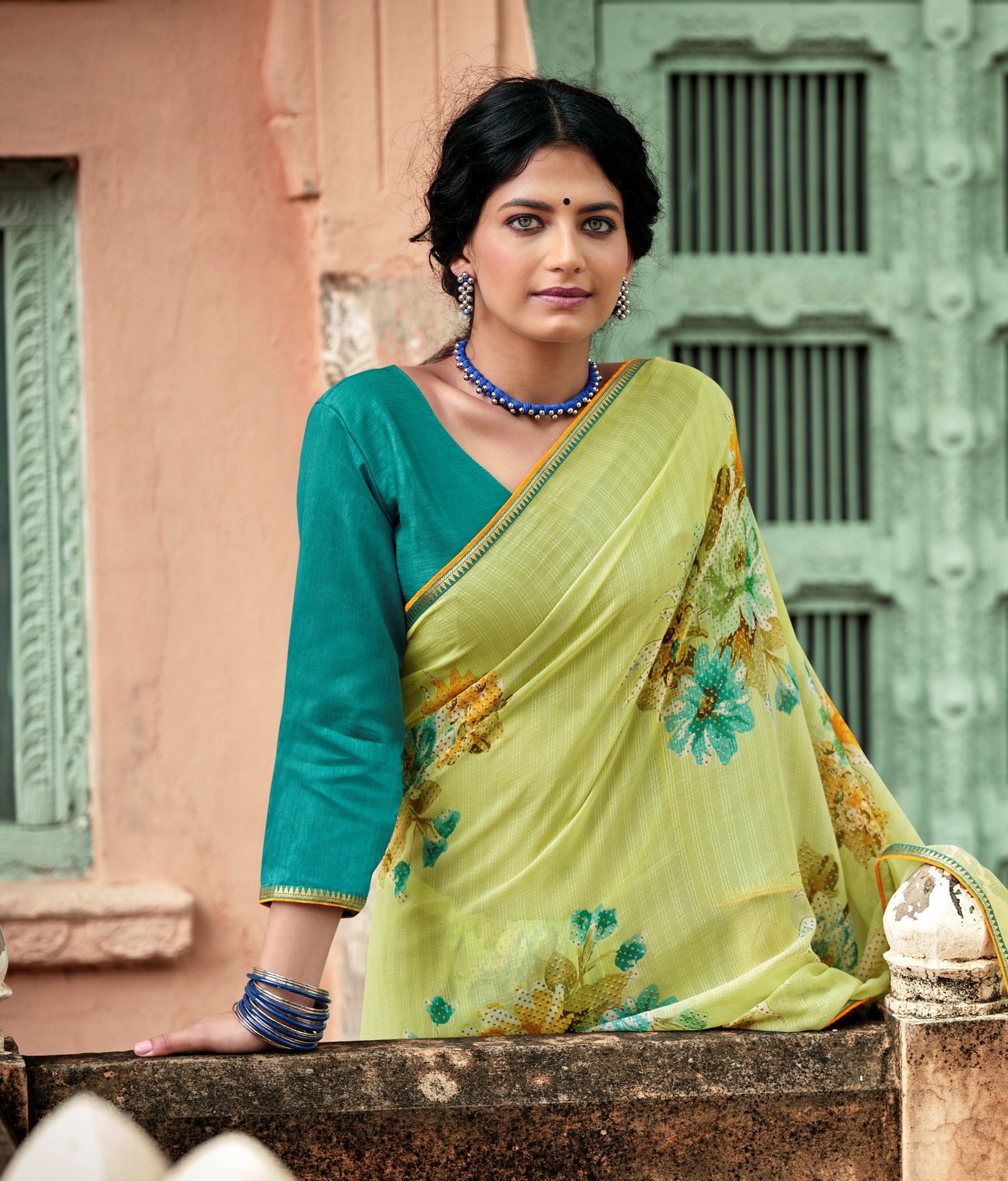 Beautiful Naina Green Georgette Self Design & Foil Printed Saree