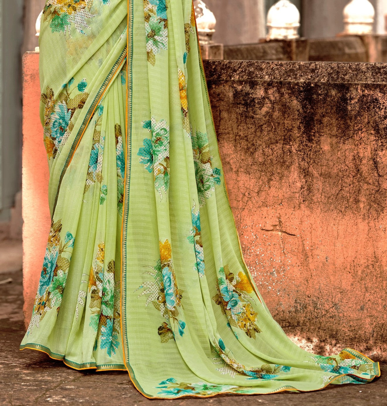 Beautiful Naina Green Georgette Self Design & Foil Printed Saree