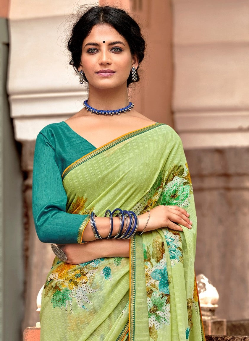 Beautiful Naina Green Georgette Self Design & Foil Printed Saree