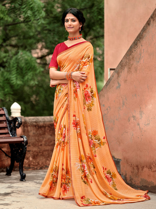 Beautiful Naina Orange Georgette Self Design & Foil Printed Saree