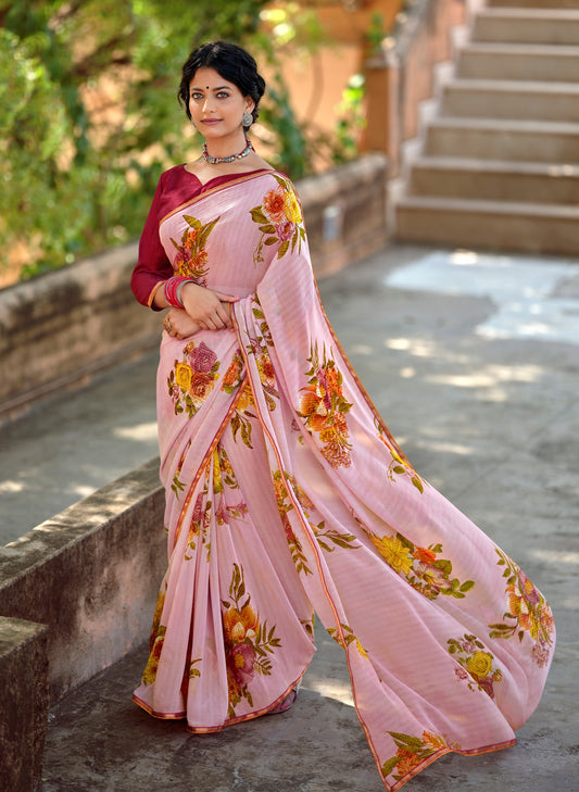 Beautiful Naina Pink Georgette Self Design & Foil Printed Saree