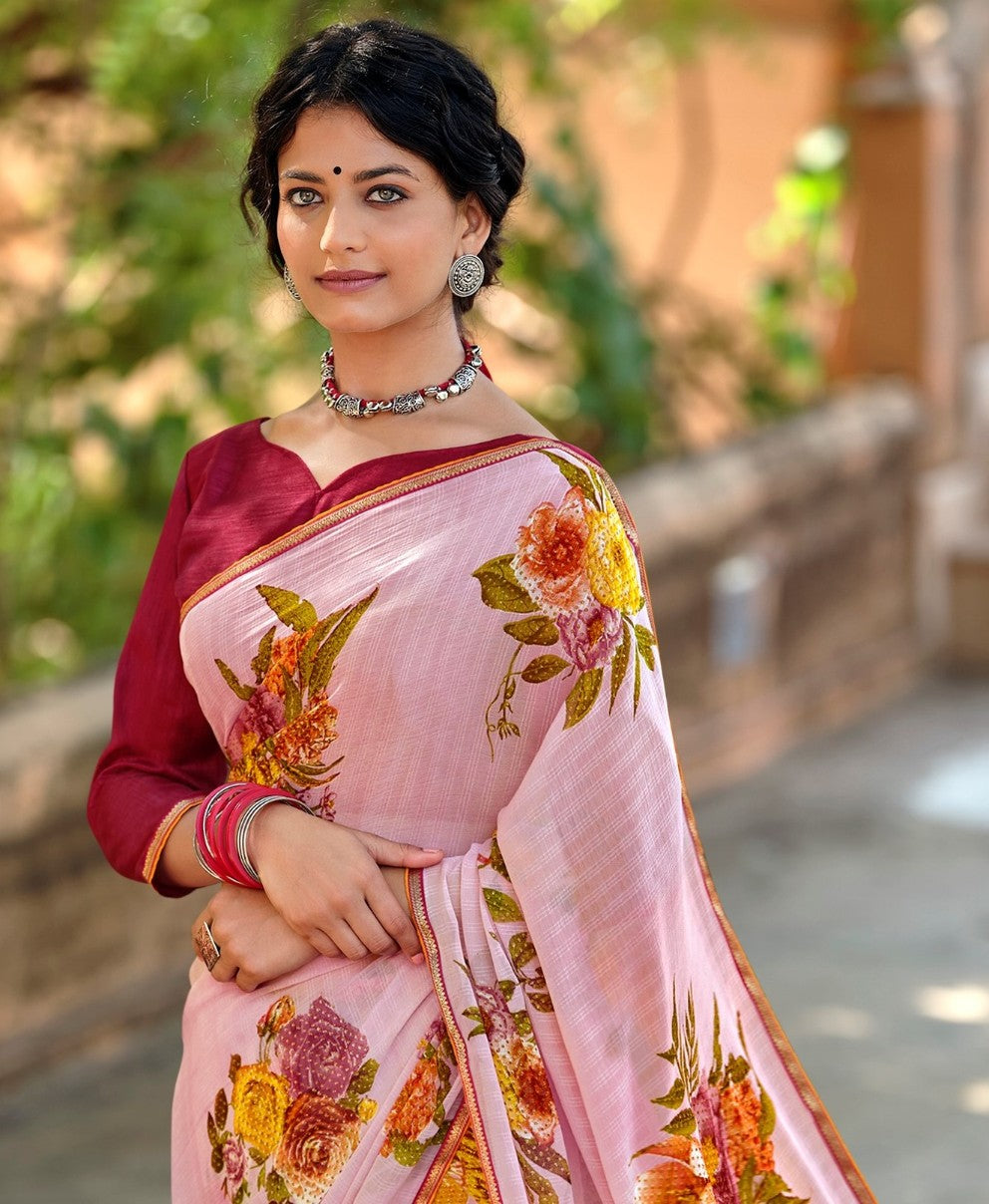 Beautiful Naina Pink Georgette Self Design & Foil Printed Saree