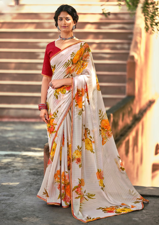 Beautiful Smoke Grey Georgette Self Design Foil Printed Saree