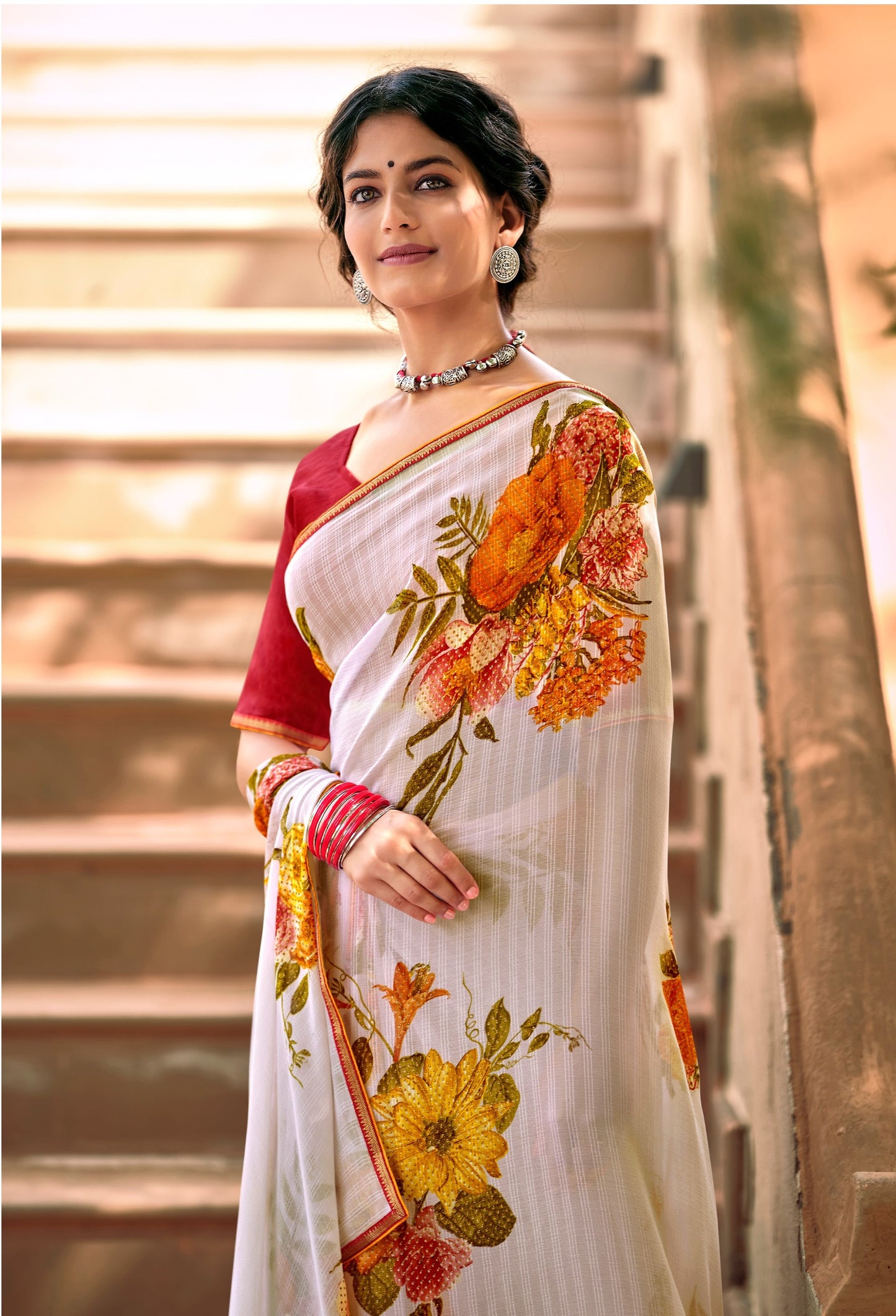 Beautiful Smoke Grey Georgette Self Design Foil Printed Saree