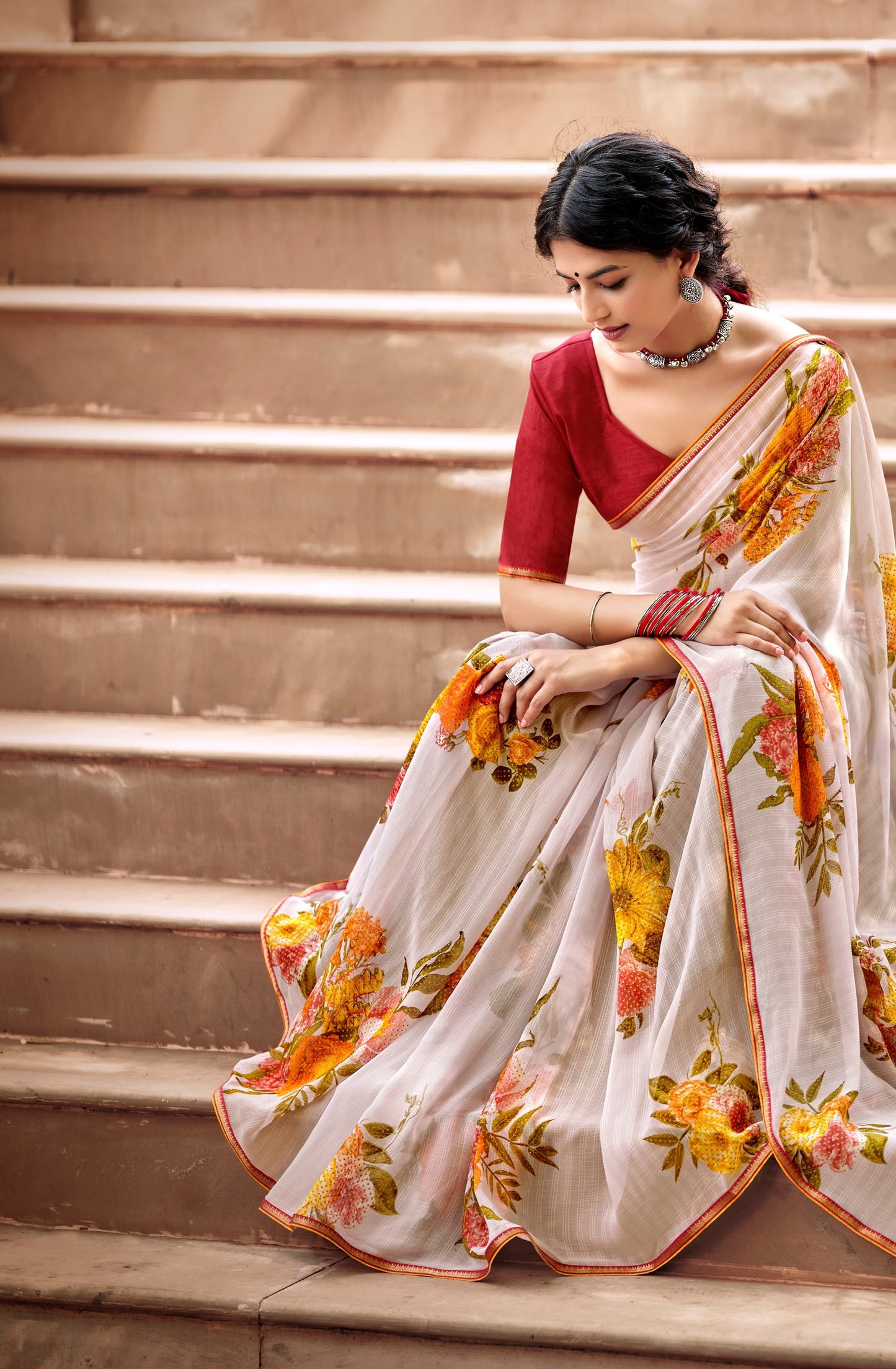 Beautiful Smoke Grey Georgette Self Design Foil Printed Saree