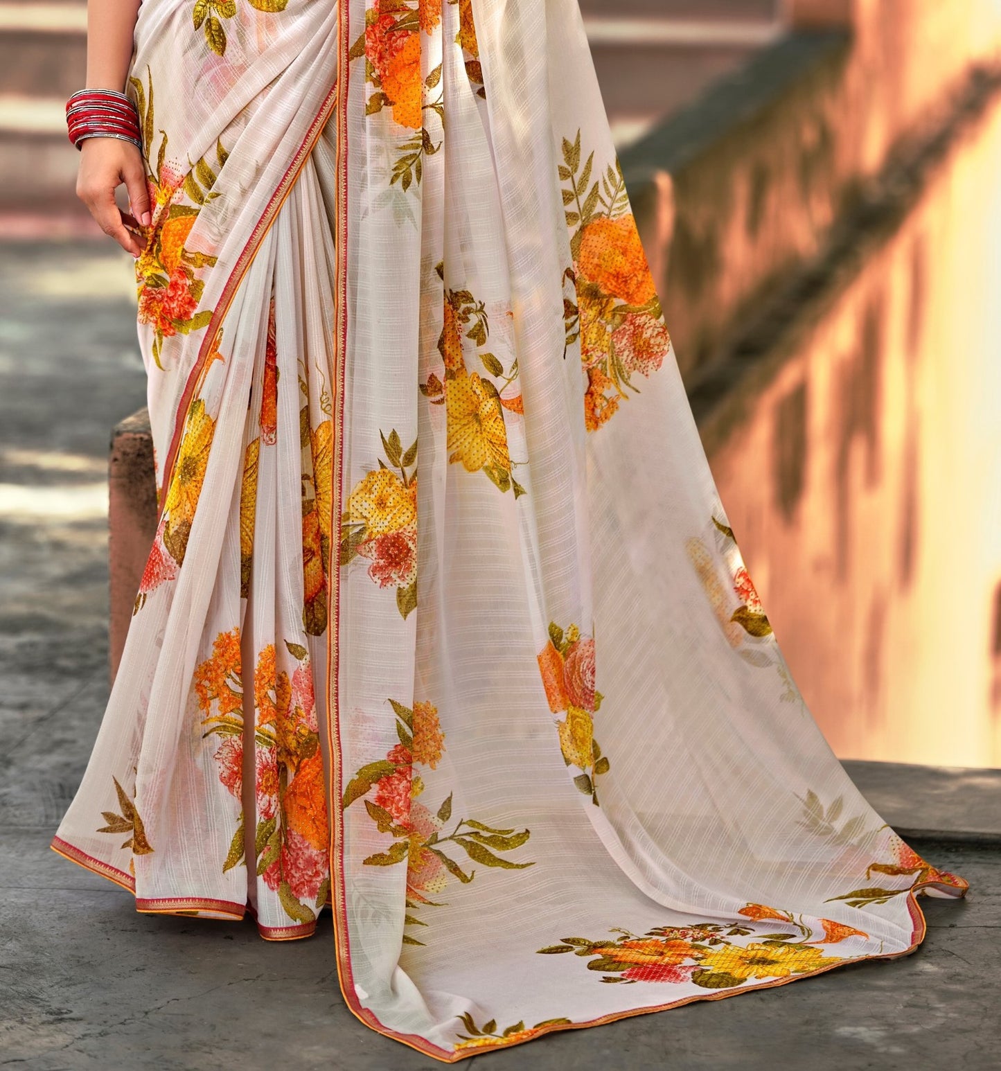 Beautiful Smoke Grey Georgette Self Design Foil Printed Saree