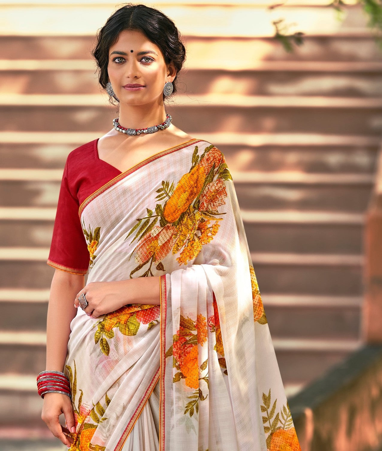 Beautiful Smoke Grey Georgette Self Design Foil Printed Saree