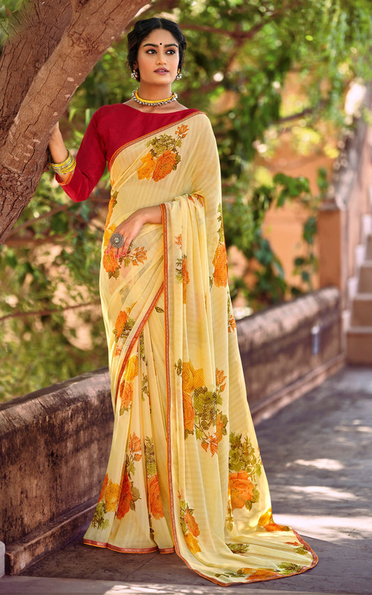 Beautiful Yellow Georgette Self Design Foil Printed Saree