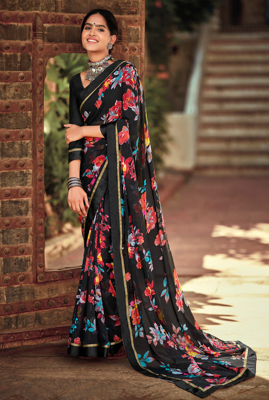 Beautiful Black Georgette Floral Printed Saree With Sattin Border