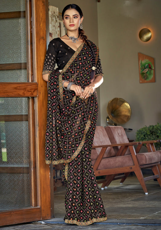 Ink Black Bandhani Jari Foil Printed Saree