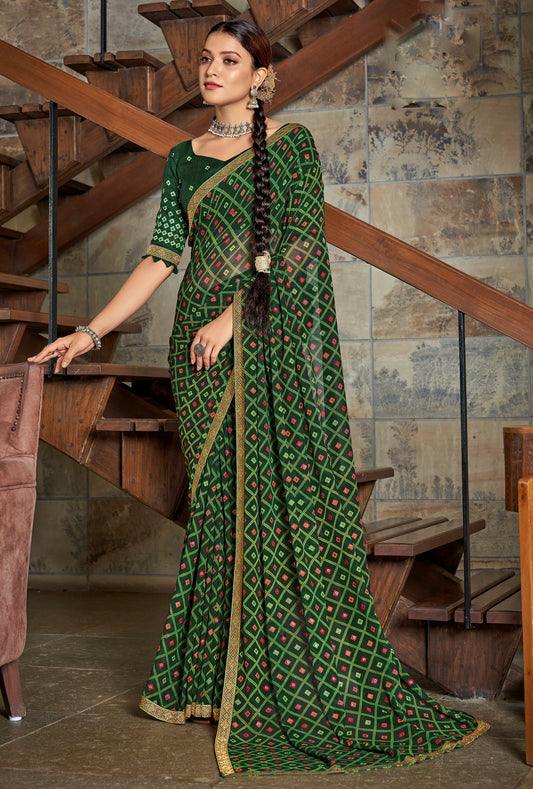 Dark Green Bandhani Jari Foil Printed Saree
