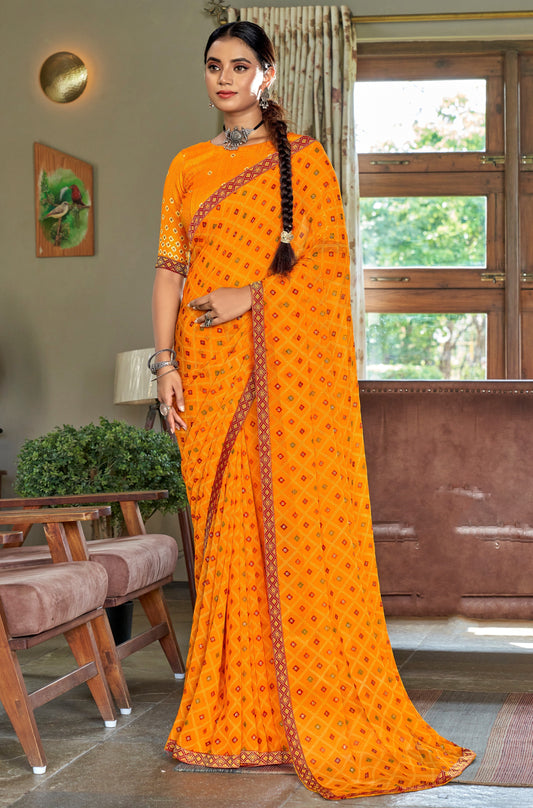 Mustard Bandhani Jari Foil Printed Saree