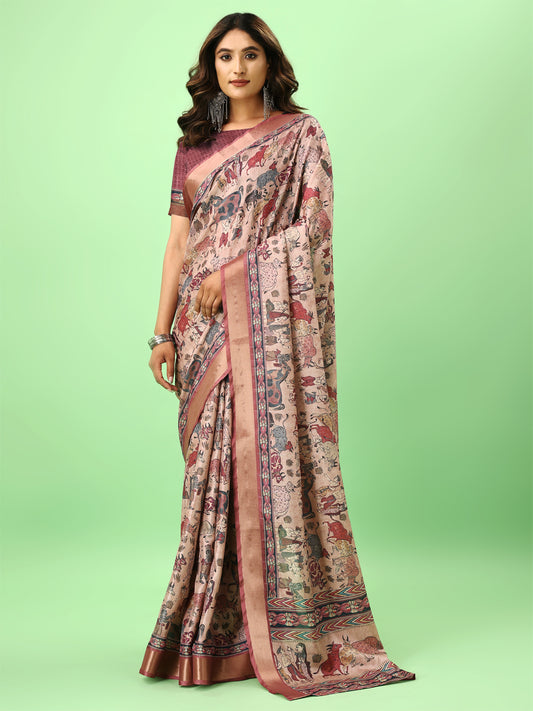 Wine Floral Print Tussar Silk Saree with Jari Border – A Blend of Tradition & Modern Elegance