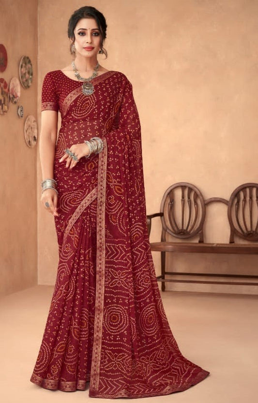 Marron Bandhani Foil Printed Saree